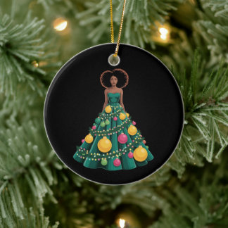 Décoration En Céramique Sapin de Noël Robe Xmas Lumières Femme Afro