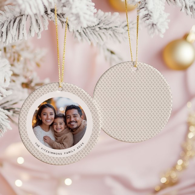 Décoration En Céramique Scandi Tan and White Snowflake Photo (Neutral Snowflake Modern 1 Photo Christmas Ornament )