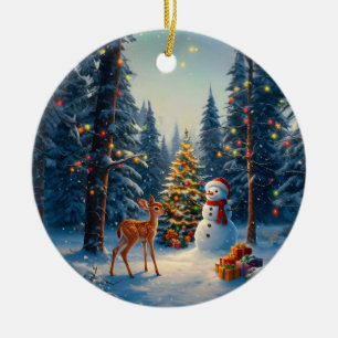 Décoration En Céramique Scene d'arbre de Noël Cute Deer Fawn Snowman