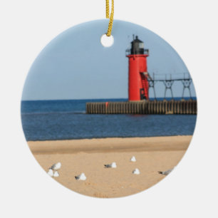 Décoration En Céramique Scène de plage avec les mouettes et le phare