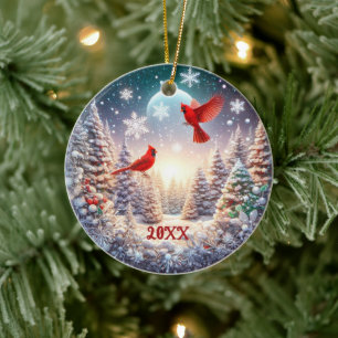 Décoration En Céramique Scène d'hiver cardinale rouge 2024 sur mesure