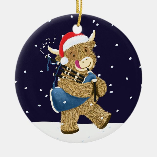 Décoration En Céramique Scottish Highland Cow Christmas Piper (Devant)