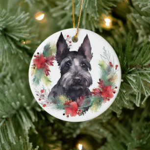 Décoration En Céramique Scottish Terrier Christmas Wreath Festive Pup