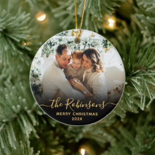 Décoration En Céramique Script moderne Nom de famille Photo Joyeux Noël