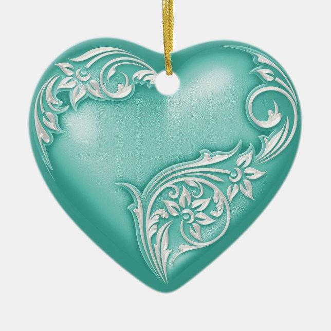 Décoration En Céramique Scroll de coeur Turquoise avec blanc (Devant)