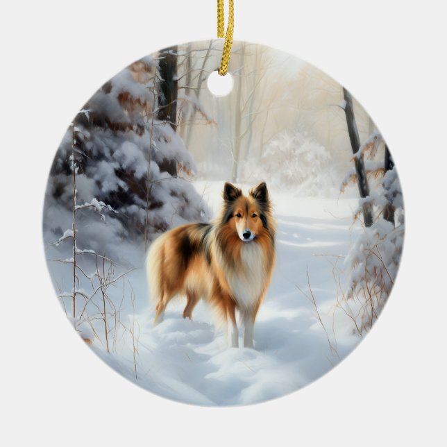 Décoration En Céramique Shetland Sheepdog Laisser neiger Noël (Devant)