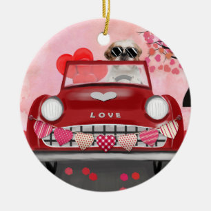 Décoration En Céramique Shih Tzu Chien Voiture avec coeurs Saint-Valentin 