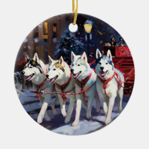 Décoration En Céramique Siberian Husky Saison de Fêtes de Noël