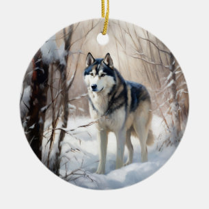 Décoration En Céramique Sibérien Husky Laisser Neige Noël