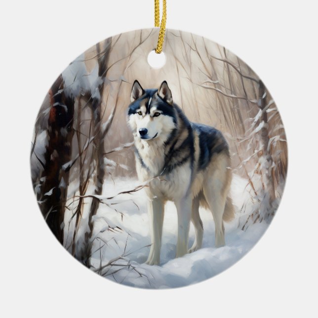 Décoration En Céramique Sibérien Husky Laisser Neige Noël (Devant)
