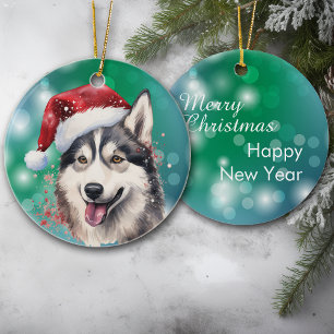 Décoration En Céramique Sibérien Husky Red Santa Hat Bokeh Noël