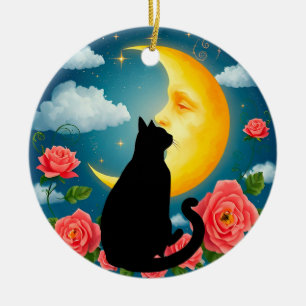 Décoration En Céramique Silhouette de chat assis devant la lune