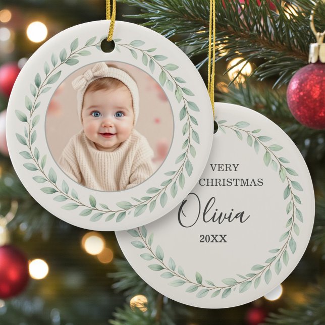 Décoration En Céramique Simple Eucalyptus Baby First Christmas Photo (Créateur téléchargé)