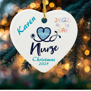 Décoration En Céramique Simple Jingle/Cœur Infirmière Bleu Personnaliser
