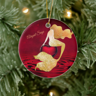 Décoration En Céramique Sirène dorée personnalisée au coeur rouge