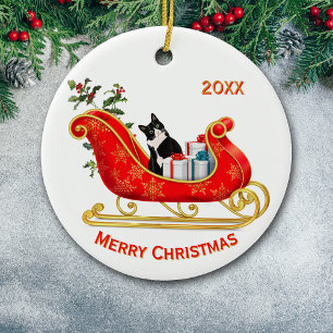 Décoration En Céramique Sleigh de Noël Funny Chat noir blanc