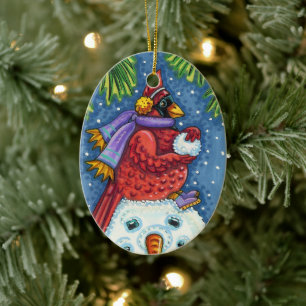 DÉCORATION EN CÉRAMIQUE SNOWMAN BODYGUARD, CHRISTMAS CARDINAL REDBIRD