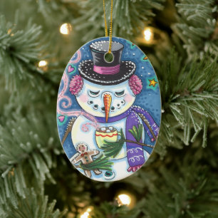 DÉCORATION EN CÉRAMIQUE SNOWMAN, GINGERPREAD MAN & MUG OF CHOCOLAT CHAUD