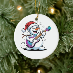 Décoration En Céramique Snowman Jouer Guitare Électrique Rock Noël