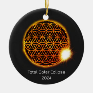 Décoration En Céramique Solar Eclipse 2024 Gold Sparkling Flower of Life
