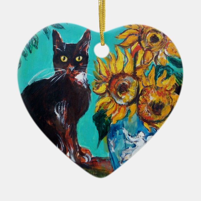 DÉCORATION EN CÉRAMIQUE SOUFFLE AVEC CHAT NOIR DANS LE COEUR TURQUOISE BLE (Devant)
