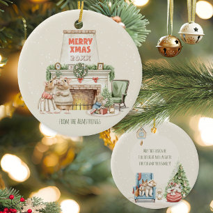 Décoration En Céramique Souris aquarelle cosy Famille Noël Feu