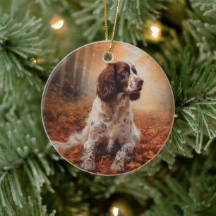 Décoration En Céramique Springer Spaniel dans les feuilles d'automne qui t