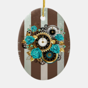 Décoration En Céramique Steampunk Clock and Turquoise Roses on Striped