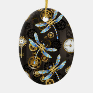 Décoration En Céramique Steampunk Dragonflies on brown striped background