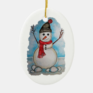 Décoration En Céramique Superbe bonhomme de neige aquarelle avec foulard e