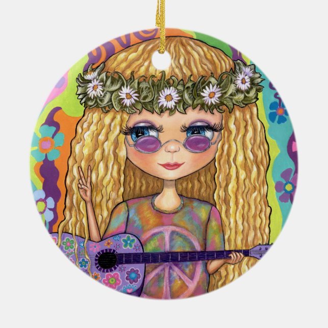 Décoration En Céramique Symbole de Paix de Guitare violette Chick Hippie C (Dos)