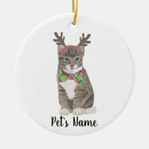 Décoration En Céramique Tabby Cat personnalisé (Gris) Antlers & Cravate Bo