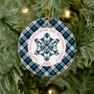 Décoration En Céramique Tartan bleu rustique blanc noir Chèques Snowflakes