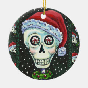 DÉCORATION EN CÉRAMIQUE TÊTE MORTE PÈRE NOËL SKULL, HUMOUR SKELETON DE NOË