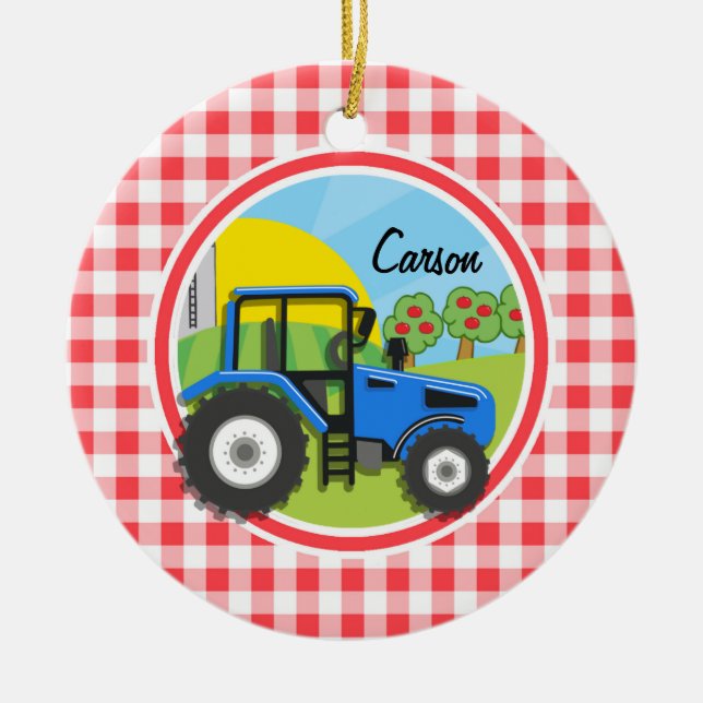Décoration En Céramique Tracteur bleu ; En vichy rouge et blanc (Devant)