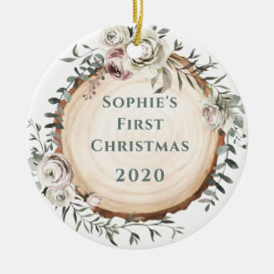 Décoration En Céramique Tranche d'arbre en bois avec fleurs   Premier bébé