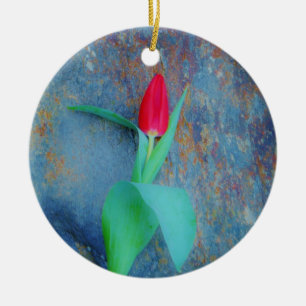 Décoration En Céramique Tulipe rouge sur ardoise gris bleu