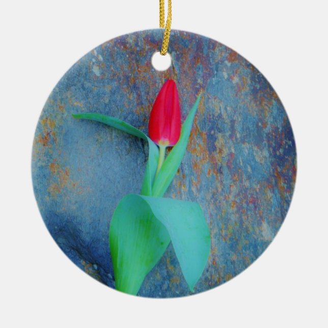 Décoration En Céramique Tulipe rouge sur ardoise gris bleu (Devant)