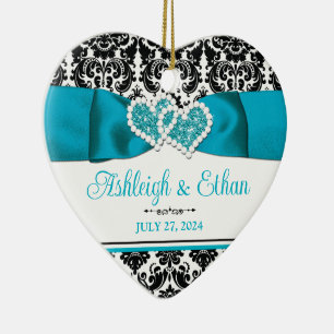 Décoration En Céramique Turquoise, Noir Damask Love Hearve Mariage