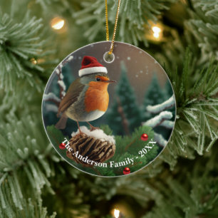 Décoration En Céramique Un adorable robin sur un arbre couvert de neige