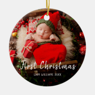 Décoration En Céramique Un bébé photo premier Noël moderne texte blanc