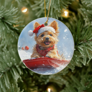 Décoration En Céramique Un Terrier australien à la luge, qu'il neige Noël