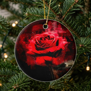 Décoration En Céramique Une rose rouge aquarelle sur fond noir