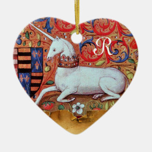 DÉCORATION EN CÉRAMIQUE UNICORN PARCHMENT HEART MONOGRAM,RED RUBY GEMSTONE
