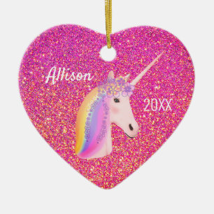 Décoration En Céramique Unicorn Pink Gold Glitter Sparkles Heart Custom