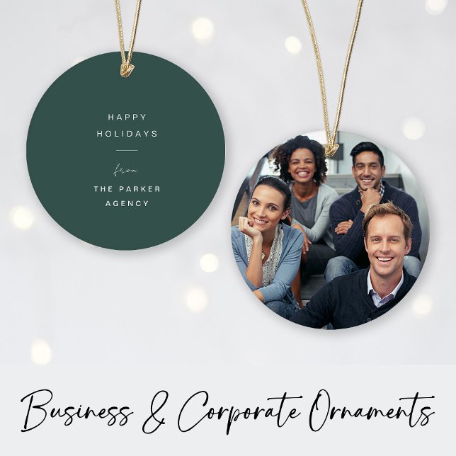 Décoration En Céramique Vacances d'entreprise | Minimal avec photo (A modern green business and corporate holiday keepsake ornament with a company photo on the back)