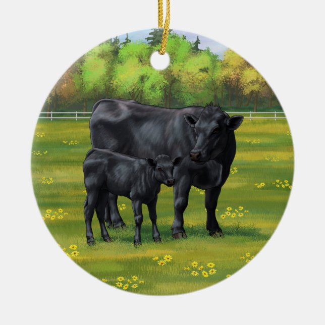 Décoration En Céramique Vache d'Angus noir et veau mou en pâturage d'été (Devant)