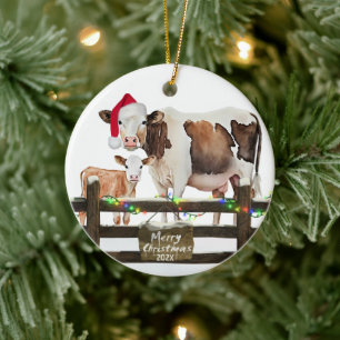Décoration En Céramique Vache de Noël Aquarelle avec Casquette