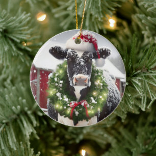 Décoration En Céramique Vache de Noël portant un chapeau de Père Noël