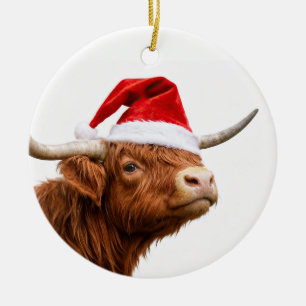 Décoration En Céramique Vache des Highlands Chapeau de Père Noël Cadeau de